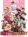  1boy 2018 abs birthday black_gloves black_shirt blonde_hair cake celebration coco_(h221414) crossdressing dress eyepatch facial_hair fangs fishnets food glass gloves hachimaki happy_birthday headband highres idol japanese_clothes kimono looking_at_viewer majima_everywhere majima_gorou makeup male_focus metal_baseball_bat multiple_persona multiple_views necktie okita_souji_(isshin) one-eyed open_clothes open_kimono pink_dress police police_uniform ponytail red_necktie ryuu_ga_gotoku ryuu_ga_gotoku_(film) ryuu_ga_gotoku_0 ryuu_ga_gotoku_1 ryuu_ga_gotoku_4 ryuu_ga_gotoku_isshin ryuu_ga_gotoku_kenzan ryuu_ga_gotoku_kiwami samurai shirt shishido_baiken_(ryuu_ga_gotoku_kenzan) snake_print uniform wig yellow_background 