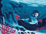  1girl black_hair blue_eyes bubble chibi cobalta coral_reef fish japanese_clothes kimono mermaid monster_girl short_hair solo touhou underwater wakasagihime wales whale 