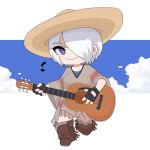  angel_(kof) artist_request blue_eyes boots chibi cowboy_boots gloves guitar hair_over_one_eye hat instrument mexico poncho smile sombrero the_king_of_fighters white_hair 