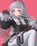  1girl arknights black_gloves black_jacket closed_mouth feet_out_of_frame forehead gloves grey_hair hands_up highres holding irene_(arknights) jacket long_hair long_sleeves looking_at_viewer pantyhose pink_background puffy_long_sleeves puffy_sleeves red_eyes simple_background skirt sleeves_past_wrists solo thick_eyebrows very_long_hair white_legwear white_skirt ye_lan_a_ye_lan 
