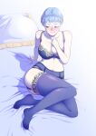  absurdres bed_sheet blue_hair blue_legwear blush bra braid breasts cleavage fire_emblem fire_emblem:_three_houses garter_belt hand_on_own_chest highres lace_trim large_breasts legs lingerie looking_away marianne_von_edmund pillow quelconque8 thighhighs underwear yellow_eyes 