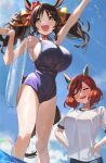  2girls absurdres animal_ears bare_arms bare_legs bare_shoulders black_hair black_swimsuit blush breasts brown_eyes closed_eyes day fang feipin_zhanshi hands_on_hips highres horse_ears horse_girl horse_tail large_breasts long_hair marvelous_sunday_(umamusume) medium_hair multiple_girls nice_nature_(umamusume) one-piece_swimsuit open_mouth red_hair shirt short_sleeves smile swimsuit tail twintails two_side_up umamusume white_shirt 