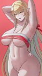  1girl armpits arms_behind_head arms_up ass bandaid bandaid_on_pussy bangs blonde_hair blush breasts chest_sarashi chinese_commentary cleavage clothing_request collarbone commentary fangs green_eyes hair_ribbon highres kiss-shot_acerola-orion_heart-under-blade large_breasts long_hair looking_at_viewer milksasa monogatari_(series) pointy_ears red_background red_ribbon ribbon sarashi sidelocks simple_background solo standing sweat swept_bangs vampire very_long_hair 