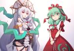  2girls absurdres arknights bangs bare_shoulders black_gloves bow character_request closed_mouth crossover dress gloves green_eyes green_hair grey_hair hair_bow hair_ornament highres ling_huanxiang long_hair looking_at_viewer multiple_girls off-shoulder_dress off_shoulder open_mouth red_dress red_eyes short_sleeves skadi_(arknights) skadi_the_corrupting_heart_(arknights) smile touhou white_dress 