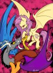  2022 alom-b93 antlers bat_pony bat_wings beard chimera claws cutie_mark digital_media_(artwork) discord_(mlp) draconequus equid facial_hair fangs female feral flutterbat_(mlp) fluttershy_(mlp) friendship_is_magic hasbro hi_res hooves horn male mammal mane membrane_(anatomy) membranous_wings multicolored_body my_little_pony red_eyes smile smirk wings yellow_sclera 