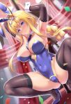  1girl alice_zuberg animal_ears armpits blonde_hair blue_eyes blush braid breasts cameltoe high_heels highres kawase_seiki large_breasts long_hair necktie playboy_bunny polearm rabbit_ears sidelocks sleeves_past_wrists spread_legs sword_art_online thick_thighs thighhighs thighs very_long_hair weapon 