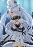  1girl absurdres azur_lane black_collar coat_dress collar cowboy_shot criss-cross_halter detached_collar dress fur-trimmed_dress fur_trim hair_horns hair_over_one_eye halterneck high_collar highres kiev_(azur_lane) long_hair one_eye_covered red_eyes sethia_sgs solo standing twintails very_long_hair very_long_sleeves white_dress white_hair 