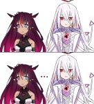  1girl 1other absurdres bare_shoulders blue_eyes commentary demon_horns heterochromia highres hololive hololive_english horns irys_(hololive) jacket jitome long_hair multicolored_hair omega_alpha pointy_ears purple_eyes rakku_(rkrmz0n) red_eyes red_hair shirt sketch streaked_hair upper_body virtual_youtuber white_hair white_jacket white_shirt 