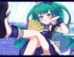  1girl absurdres back_bow bare_legs black_bow blue_eyes blush bow crossed_legs cup drink drinking_glass highres kiratto_pri_chan long_hair maid_headdress meiji_(meizi493) pretty_(series) pripara ribbon summer_maid_coord teal_hair tsukikawa_chiri 