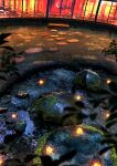  absurdres blurry building cloud commentary_request depth_of_field fireflies garden grass highres leaf moss night no_humans original outdoors pond reflection rock scenery shuu_illust stone window 
