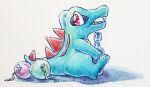  bottle commentary_request from_side highres holding holding_bottle masshu_(shu_123426) no_humans open_mouth painting_(medium) pokemon pokemon_(creature) red_eyes sharp_teeth sitting solo teeth totodile traditional_media watercolor_(medium) 