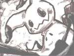  aberu_(ycrr3542) blurry commentary_request disguise greyscale mimikyu monochrome motion_blur no_humans pokemon pokemon_(creature) rag solid_oval_eyes solo 