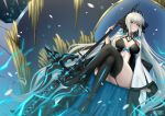  1girl bangs black_bow black_dress black_footwear blue_eyes boots bow braid breasts center_opening cleavage crossed_legs dress fate/grand_order fate_(series) french_braid grey_hair hair_bow highres large_breasts long_hair long_sleeves looking_at_viewer morgan_le_fay_(fate) pelvic_curtain ponytail ryuuneart sidelocks sitting solo staff thigh_boots thighhighs thighs throne two-tone_dress very_long_hair white_dress wide_sleeves 