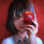  1girl apple black_eyes black_hair blue_necktie bob_cut closed_mouth collared_shirt food fruit hand_up highres holding holding_food holding_fruit looking_at_viewer medium_hair necktie original red_apple red_background shirt solo striped_necktie wataboku white_shirt wing_collar 