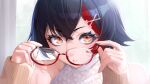  1girl absurdres black_hair glasses hair_ornament highres holding holding_eyewear hololive long_sleeves looking_at_viewer mikan_(chipstar182) multicolored_hair ookami_mio parted_lips portrait red_hair shirt sleeves_past_wrists solo streaked_hair virtual_youtuber white_shirt x_hair_ornament 