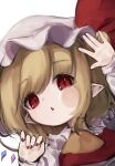  1girl \||/ against_fourth_wall bangs blonde_hair bow crystal eyebrows_visible_through_hair fang fingernails flandre_scarlet frilled_shirt_collar frills hat highres looking_at_viewer mizuhichi mob_cap nail_polish parted_lips pointy_ears puffy_sleeves red_eyes red_nails red_vest shirt simple_background solo touhou triangle_mouth vest white_background white_headwear white_shirt wings 