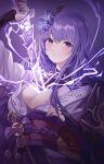  1girl absurdres armor bangs blunt_bangs blush breasts cleavage electricity flower genshin_impact hair_flower hair_ornament highres holding holding_weapon human_scabbard japanese_clothes kimono large_breasts long_hair obi purple_eyes purple_flower purple_hair purple_kimono purple_nails raiden_shogun sash shoulder_armor solo weapon zipgaemi 