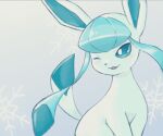  aberu_(ycrr3542) blush bright_pupils commentary_request glaceon green_eyes looking_to_the_side no_humans pokemon pokemon_(creature) sitting smile snowflakes solo white_pupils 