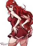 1girl ass breasts cordelia_(fire_emblem) fire_emblem fire_emblem_awakening garter_straps hair_between_eyes hair_ornament long_hair looking_at_viewer looking_back medium_breasts mina_cream red_eyes red_hair smile solo thighhighs thighs very_long_hair white_background 