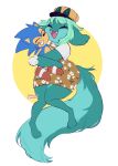  absurd_res anthro barefoot blush clothing dragon dress eyes_closed feet female fur furred_dragon green_body green_fur hat headgear headwear hi_res horn hugging_plushie indigo_cho long_tail open_mouth sega simple_background smile solo sonic_the_hedgehog sonic_the_hedgehog_(series) wide_hips 