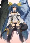  1girl angel_wings ao_(aocooler) ass_visible_through_thighs asymmetrical_wings bangs bare_shoulders belt black_legwear blue_hair blush bow breasts choker cleavage commission detached_collar detached_sleeves dizzy_(guilty_gear) eyebrows_visible_through_hair eyelashes guilty_gear guilty_gear_xrd hair_between_eyes hair_bow hair_ornament large_breasts long_hair long_sleeves looking_at_viewer monster_girl necro_(guilty_gear) off_shoulder red_eyes ribbon sidelocks skeb_commission skindentation smile solo standing tail tail_bow tail_ornament thick_thighs thigh_gap thighhighs thighs undine_(guilty_gear) wings yellow_ribbon 