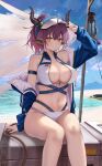  1girl animal_ears arknights arm_strap bangs bare_legs bare_shoulders beach bikini blue_jacket blue_nails blush breasts cleavage closed_mouth highres horns jacket large_breasts long_hair long_sleeves looking_at_viewer nail_polish navel ocean off_shoulder official_alternate_costume ponytail purple_hair ru_zhai sideroca_(arknights) sideroca_(light_breeze)_(arknights) sitting solo swimsuit thighs visor water white_bikini white_headwear yellow_eyes 