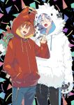  2boys absurdres baseball_bat blue_eyes blue_hair halo hasegawa_langa highres hood hoodie kyan_reki male_focus multiple_boys nail nail_bat open_mouth orange_eyes pants red_hair shirt short_hair simple_background sk8_the_infinity smile uppi v yeti_costume 