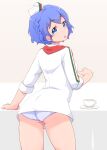  1girl :o ass blue_eyes blue_hair braid contrapposto cowboy_shot cup dorothy_west from_behind looking_at_viewer looking_back panties pantyshot parted_lips pretty_(series) short_hair solo standing teacup tray underwear yonekura_hisaki 