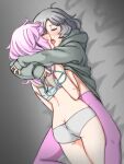  2girls ahoge aqua-framed_eyewear back bangs bare_back bra butt_crack closed_eyes dutch_angle eyewear_removed facing_another feet_out_of_frame french_kiss grey_background grey_bra grey_hair grey_hoodie grey_panties groin hand_under_clothes holding holding_eyewear hood hood_down hoodie hoodie_lift hug jewelry kiss knees_apart_feet_together long_hair long_sleeves lying_on_another magia_record:_mahou_shoujo_madoka_magica_gaiden mahou_shoujo_madoka_magica median_furrow midriff_peek multiple_girls nnkn49230301 on_bed panties pantyhose pink_hair pink_legwear ring short_hair sweat swept_bangs tongue underwear underwear_only yuri 