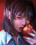 1girl apple blue_necktie brown_eyes brown_hair collared_shirt food fruit highres holding holding_food holding_fruit looking_at_viewer medium_hair necktie open_mouth original red_apple red_background shirt solo striped_necktie wataboku white_shirt wing_collar 