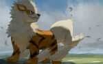  af_(afloatisland) arcanine black_eyes blurry bright_pupils closed_mouth cloud commentary_request day falling_leaves fang fang_out leaf no_humans outdoors pokemon pokemon_(creature) sky solo standing white_pupils 