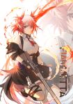  1girl animal_ears arknights artist_name bird_ears bird_girl bird_tail black_gloves black_skirt character_name collared_shirt fiammetta_(arknights) foot_out_of_frame gloves gun highres holding holding_gun holding_weapon leg_up looking_at_viewer necktie red_eyes red_hair red_necktie shirt shirt_tucked_in short_hair skirt solo standing standing_on_one_leg tail tianye_toshi trigger_discipline weapon white_shirt 