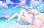  1girl :d absurdres ass bare_shoulders beach bikini blue_eyes blue_hair blue_skirt breasts cleavage cloud day fang front-tie_bikini front-tie_top haiyi halter_top halterneck hat high_heels highleg highleg_bikini highres jacket jellyfish knees_up large_breasts long_hair looking_at_viewer miniskirt ocean off_shoulder open_clothes open_jacket open_mouth outdoors outstretched_arm pleated_skirt sailor_bikini sailor_collar see-through skirt smile solo stomach strap_gap string_bikini swimsuit synthesizer_v thighs water wet white_bikini white_jacket yuri_(chocho_q) 