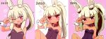 1girl 2016 2020 2022 ;d animal_ear_fluff animal_ears artist_progress bangs bare_shoulders blonde_hair blush breasts closed_mouth collar commentary_request covered_navel eyebrows_visible_through_hair fang hand_up heart heart-shaped_pupils highres leotard long_hair looking_at_viewer masurao_2_(sekaiju) multiple_views naga_u one_eye_closed ponytail purple_eyes purple_leotard rabbit_ears red_collar sekaiju_no_meikyuu sekaiju_no_meikyuu_5 small_breasts smile strapless strapless_leotard symbol-shaped_pupils thick_eyebrows upper_body very_long_hair wrist_cuffs 