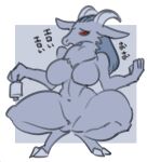  2020 2_horns anthro bell big_breasts biped blue_hair bovid breasts caprine crouching curved_horn digital_media_(artwork) digitigrade featureless_breasts featureless_crotch female flat_colors fluffy_chest full-length_portrait fur goat grey_arms grey_body grey_breasts grey_ears grey_face grey_fur grey_hands grey_hooves grey_horn grey_legs hair holding_bell holding_object hooves horn japanese_text kazuhiro kemono long_hair mammal monotone_arms monotone_body monotone_breasts monotone_face monotone_fur monotone_hair monotone_hands monotone_hooves monotone_horn monotone_legs nude portrait red_eyes solo spread_legs spreading text 