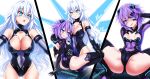  2girls alternate_breast_size bangs black_heart blue_eyes blush braid breasts cleavage elbow_gloves gloves hair_between_eyes hair_ornament highres large_breasts leotard long_hair looking_at_viewer multiple_girls multiple_views neptune_(series) open_mouth power_symbol purple_hair purple_heart sereneandsilent smile symbol-shaped_pupils thighhighs very_long_hair yuri 