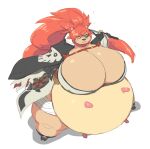  2022 anthro big_breasts black_clothing black_jacket black_topwear breasts clothing eye_patch eyewear female hair high-angle_view holding_object holding_sword holding_weapon hooves huge_breasts jacket looking_up melee_weapon miltank nintendo overweight overweight_anthro pok&eacute;mon pok&eacute;mon_(species) red_eyes red_hair simple_background solo standing subakitsu sword teats topwear udders video_games weapon white_background 