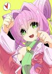  :3 bright_pupils clenched_hands eyebrows_visible_through_hair green_eyes green_sweater hair_ears hair_intakes heart highres kamon_rider muvluv open_mouth pink_hair portrait sleeveless sleeveless_sweater spoken_heart sweater tamase_miki turtleneck turtleneck_sweater white_pupils yellow_background 