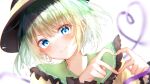  1girl bangs black_headwear blue_eyes blurry blurry_background blush depth_of_field eyebrows_visible_through_hair face frilled_shirt_collar frills green_hair hair_between_eyes hat heart heart_of_string highres komeiji_koishi looking_at_viewer shirt short_hair smile solo touhou white_background yoizumi 