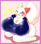  anthro anthrofied big_breasts border breasts cleavage clothed clothing cocolog feet female fur hi_res huge_breasts hyper hyper_breasts kemono kneeling looking_at_viewer nintendo open_mouth pok&eacute;mon pok&eacute;mon_(species) pok&eacute;morph pupils purple_border red_body red_fur signature slit_pupils solo text thick_thighs toes video_games white_body white_fur yellow_eyes zangoose 