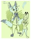  &lt;3 2022 afterimage anthro barefoot biped blush border bottomwear buckteeth canid canine cheek_tuft clothed clothing dipstick_ears dipstick_tail disney duo elbow_tuft english_text facial_tuft feet female fox gloves_(marking) green_background inner_ear_fluff jewelry judy_hopps lagomorph leporid male mammal markings motion_lines multicolored_ears neck_tuft necklace necktie nick_wilde open_mouth open_smile pants rabbit robcivecat scut_tail shirt short_tail simple_background smile standing t-shirt tail_markings tail_motion tailwag teeth text topwear tuft white_border zootopia 