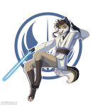  anthro biped black_body black_ears black_fur black_tail blue_eyes bottomwear brown_hair canid canine clothing demireality fangs front_view fur glistening glistening_eyes grey_inner_ear_fluff hair inner_ear_fluff kitsunebi_(artist) lightsaber male mammal melee_weapon open_mouth open_smile pawpads pink_nose pink_pawpads pink_tongue smile solo star_wars tan_body tan_bottomwear tan_clothing tan_fur tan_tail tongue topwear tuft weapon white_body white_clothing white_fur white_tail white_topwear 