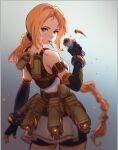  1girl arm_at_side blue_eyes braid cowboy_shot dungeon_and_fighter elbow_gloves explosive fingerless_gloves from_behind gloves grenade grenade_pin hand_up holding holding_grenade long_hair looking_at_viewer looking_back meinoss mouth_hold orange_hair solo very_long_hair 