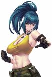  1girl abs aqua_eyes bangs bare_shoulders belt breasts camouflage cleavage clenched_hand closed_mouth commentary_request dog_tags gloves green_hair highres large_breasts leona_heidern lips long_hair navel ponytail shiny shiny_hair shiny_skin simple_background sleeveless snk stomach takanashi-a tank_top the_king_of_fighters the_king_of_fighters_xiv the_king_of_fighters_xv upper_body white_background yellow_tank_top 