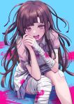  1girl :d apron bandaged_arm bandaged_leg bandages bandaid bandaid_on_knee bandaid_on_leg bangs blood blush breasts brown_hair commentary danganronpa_(series) danganronpa_2:_goodbye_despair deadnooodles drooling eyebrows_visible_through_hair gradient gradient_background green_background highres long_hair looking_at_viewer messy_hair mole mole_under_eye open_mouth pink_blood pink_shirt pleated_skirt puffy_short_sleeves puffy_sleeves shiny shiny_hair shirt short_sleeves skirt smile sweat teeth tsumiki_mikan upper_teeth 