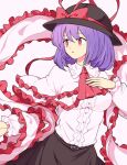  1girl ascot bangs belt black_headwear bow capelet eyebrows_visible_through_hair frilled_capelet frilled_shawl frills hand_on_own_chest hat hat_bow long_sleeves maguro_(mawaru_sushi) nagae_iku open_mouth purple_hair red_ascot red_bow red_eyes shawl shirt short_hair solo touhou upper_body white_capelet white_shirt 