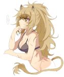  ... 1girl absurdres animal_ears arknights bangs bare_arms bare_shoulders black_bra blonde_hair bra breasts character_request cleavage closed_mouth colored_eyelashes commentary_request eyebrows_visible_through_hair hand_on_own_face high_ponytail highres lion_ears lion_girl lion_tail long_hair looking_afar pencilanon pointy_nose scar shadow sidelocks simple_background solo speech_bubble tail underwear unfinished white_background yellow_eyes 