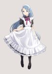  1girl alternate_costume apron bangs black_dress black_footwear black_legwear blue_eyes blue_hair commentary_request dress enmaided full_body gradient_hair grey_background kantai_collection katakori_sugita long_hair looking_at_viewer maid maid_headdress mary_janes multicolored_hair puffy_sleeves purple_ribbon ribbon samidare_(kancolle) shoes simple_background skirt_hold solo standing swept_bangs very_long_hair white_apron 