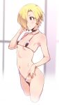  1girl \||/ bags_under_eyes bare_legs bare_shoulders bikini black_bikini blonde_hair blush breasts choker collarbone covered_nipples cowboy_shot ear_piercing groin hand_on_own_face hand_up highres idolmaster idolmaster_cinderella_girls looking_away micro_bikini navel piercing red_eyes shirasaka_koume short_hair small_breasts solo standing swimsuit tengu_(tetuo_kun) 