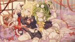  2girls animal animal_ears artist_request benghuai_xueyuan blonde_hair blush cat cat_ears cat_girl cat_tail elf full_body glasses green_eyes green_hair highres holding holding_animal honkai_(series) multiple_girls ninti_apokalypse official_art on_bed phone pointy_ears purple_eyes second-party_source seiza selfie sitting smile stuffed_animal stuffed_toy tail tongue tongue_out yssring_leavtruth 